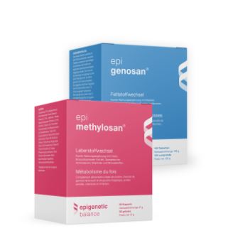 rote Produktpackung von epimethylosan vor einer blauen Produktpackung von epigenosan.